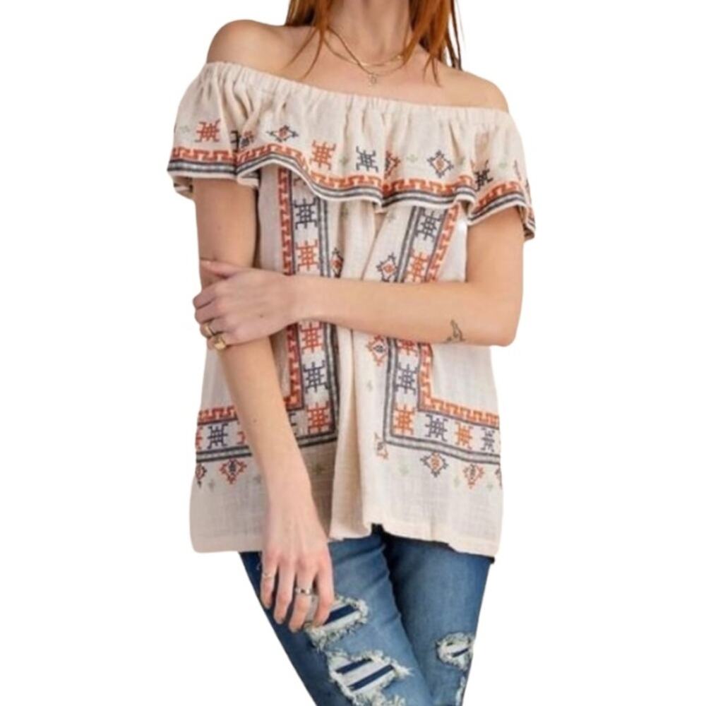 Easel Los Angeles Boho Embroidered Off Shoulder Blouse Size Small